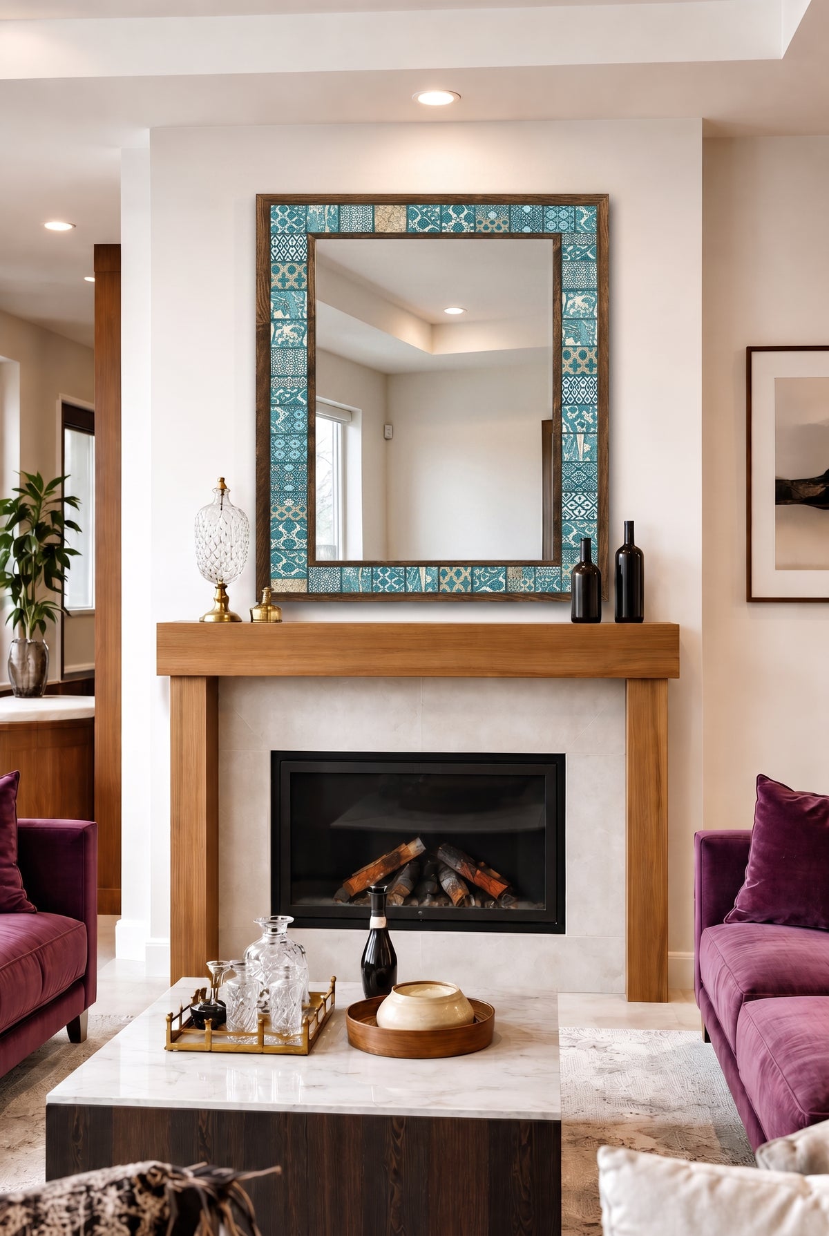 Aegean Mosaic Mirror styled above a fireplace — handmade Turkish mosaic wall mirror