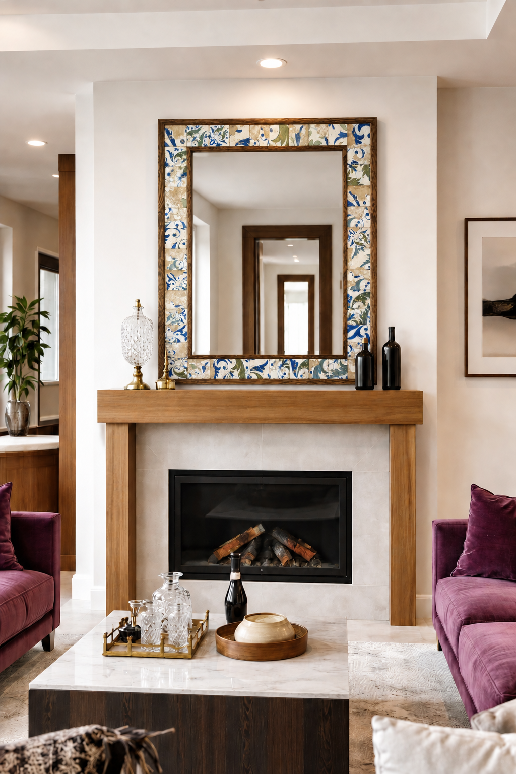 Amalfi Mosaic Mirror styled above a fireplace — handmade Turkish mosaic wall mirror