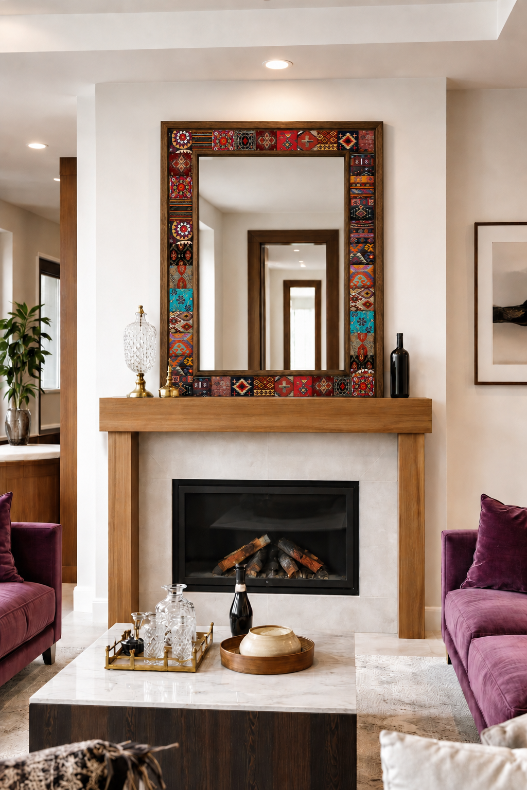 Anatolia Mosaic Mirror styled above a fireplace — handmade Turkish mosaic wall mirror
