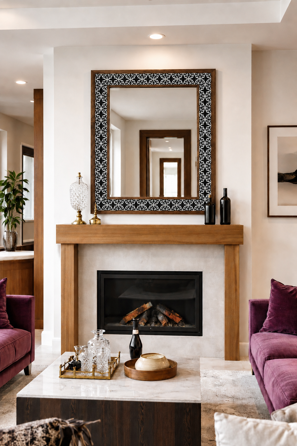 Casablanca Mosaic Mirror styled above a fireplace — handmade Turkish mosaic wall mirror