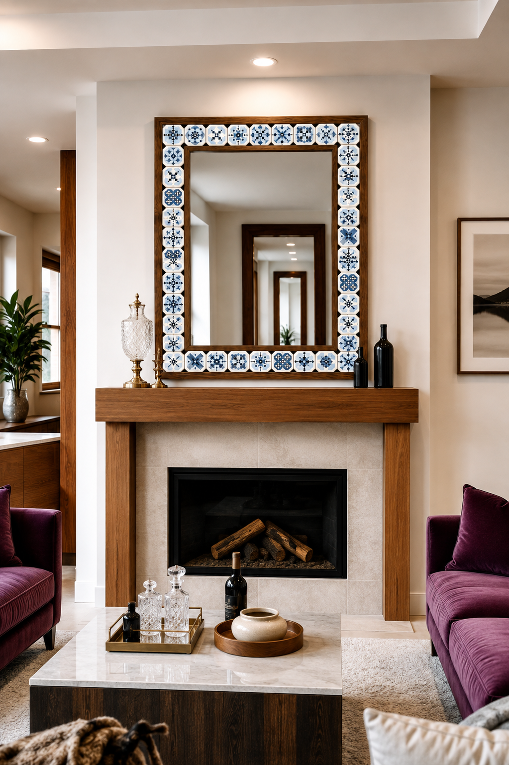 Copenhagen Mosaic Mirror styled above a fireplace — handmade Turkish mosaic wall mirror
