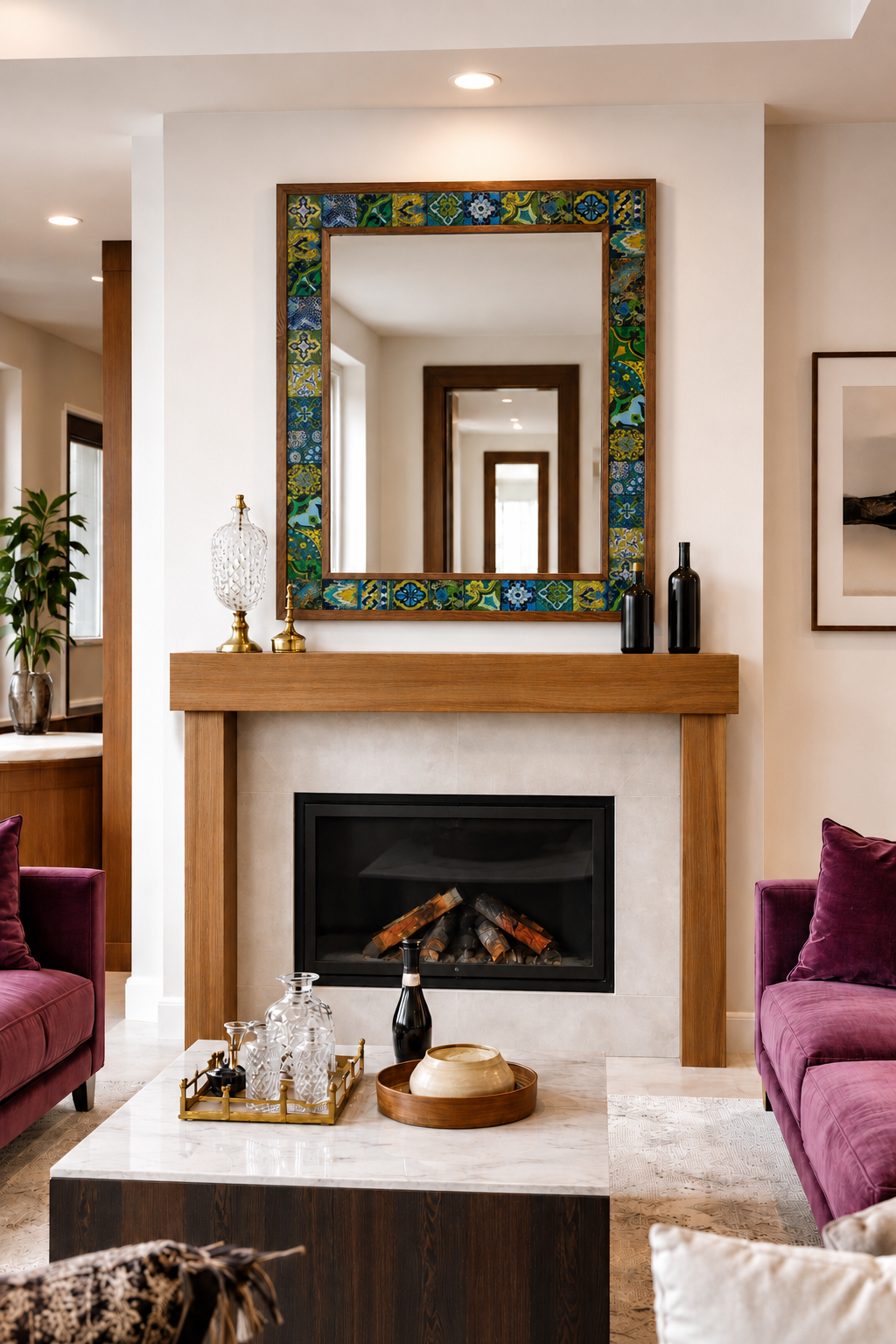 Emerald Mosaic Mirror styled above a fireplace — handmade Turkish mosaic wall mirror