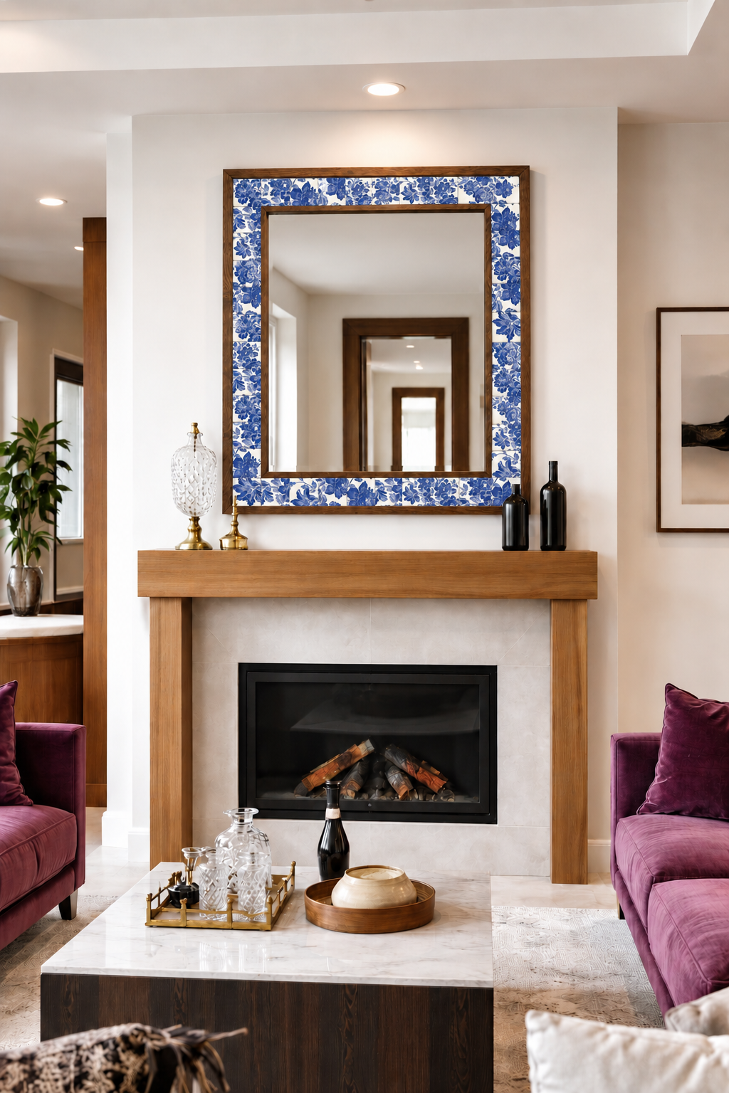 Lisbon Mosaic Mirror styled above a fireplace — handmade Turkish mosaic wall mirror