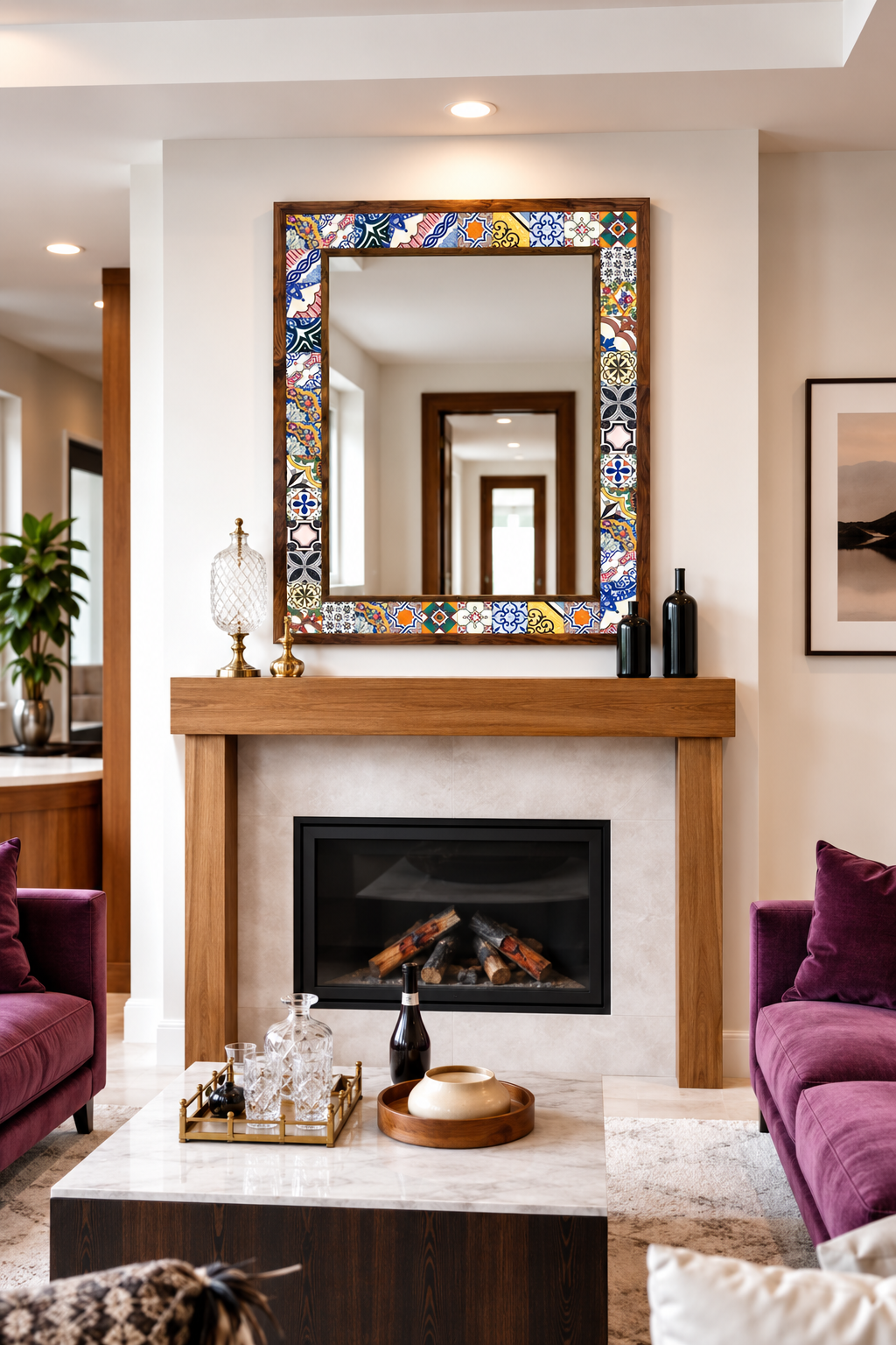 Madrid Mosaic Mirror styled above a fireplace — handmade Turkish mosaic wall mirror
