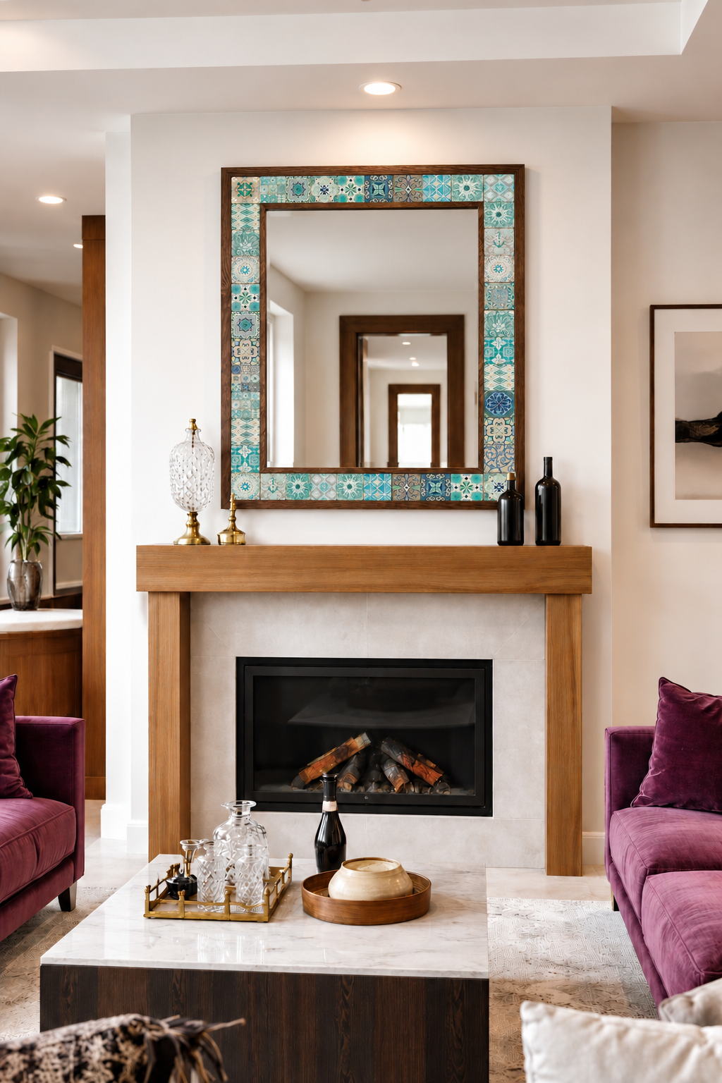 Malibu Mosaic Mirror styled above a fireplace — handmade Turkish mosaic wall mirror
