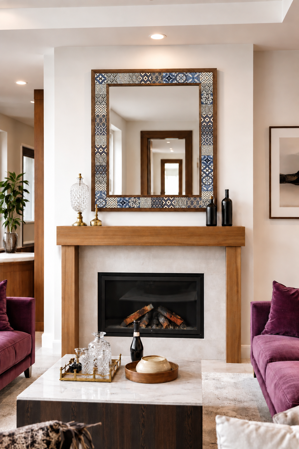 Newport Mosaic Mirror styled above a fireplace — handmade Turkish mosaic wall mirror