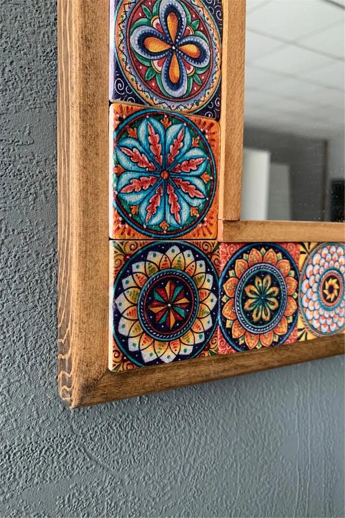 Ceramic Home Décor Wooden Mosaic Mirror Wall Hanging Office Gift