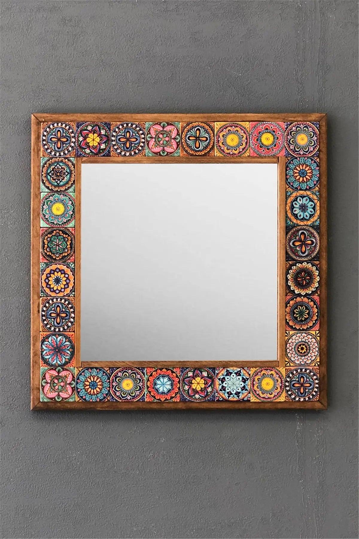 Ceramic Home Décor Wooden Mosaic Mirror Wall Hanging Office Gift