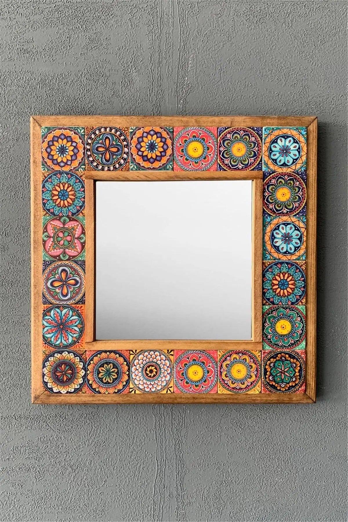 Ceramic Home Décor Wooden Mosaic Mirror Wall Hanging Office Gift