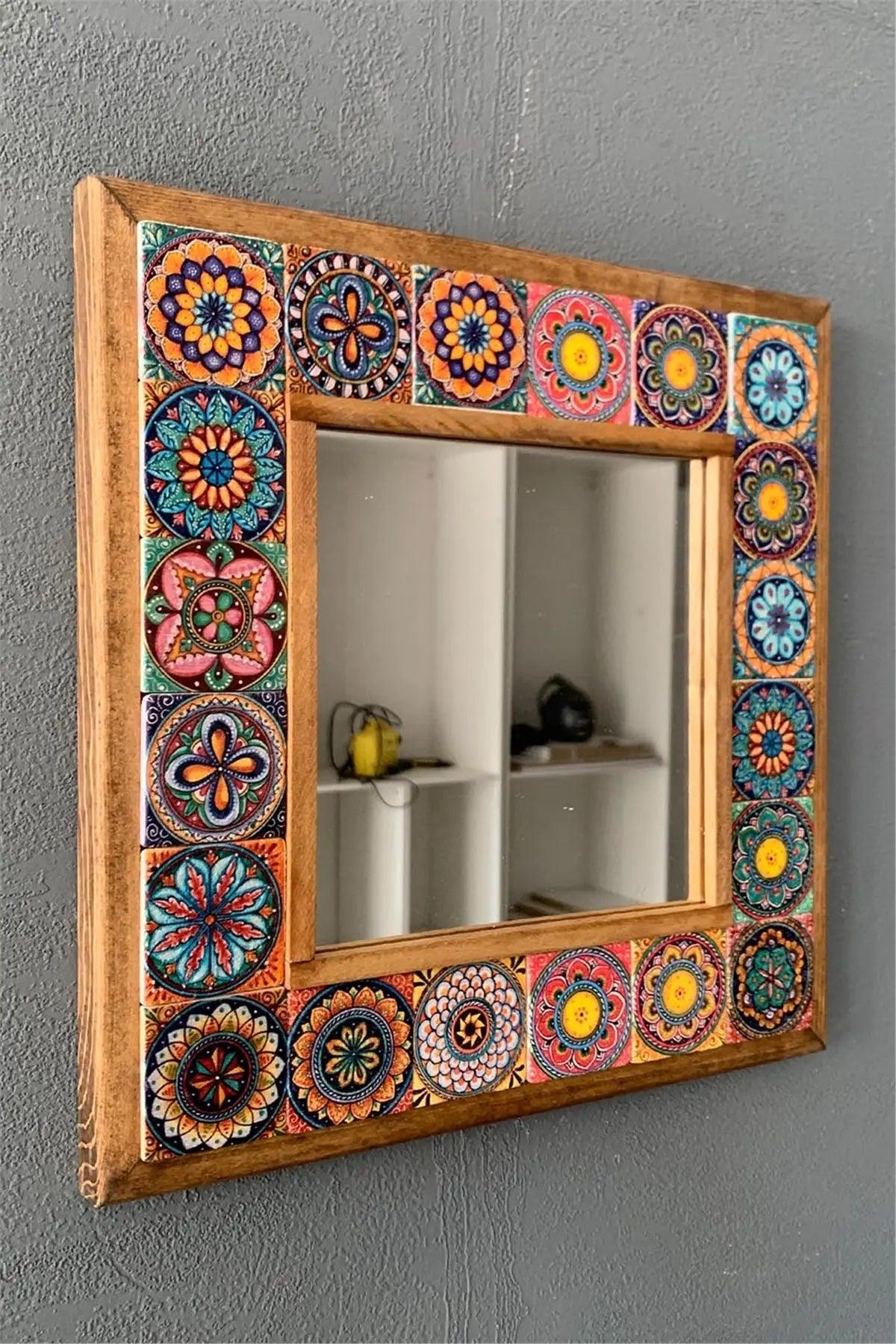Ceramic Home Décor Wooden Mosaic Mirror Wall Hanging Office Gift