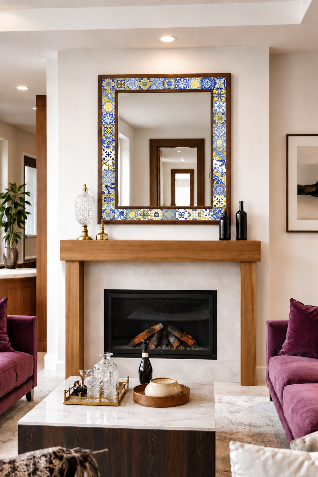 Porto Mosaic Mirror styled above a fireplace — handmade Turkish mosaic wall mirror