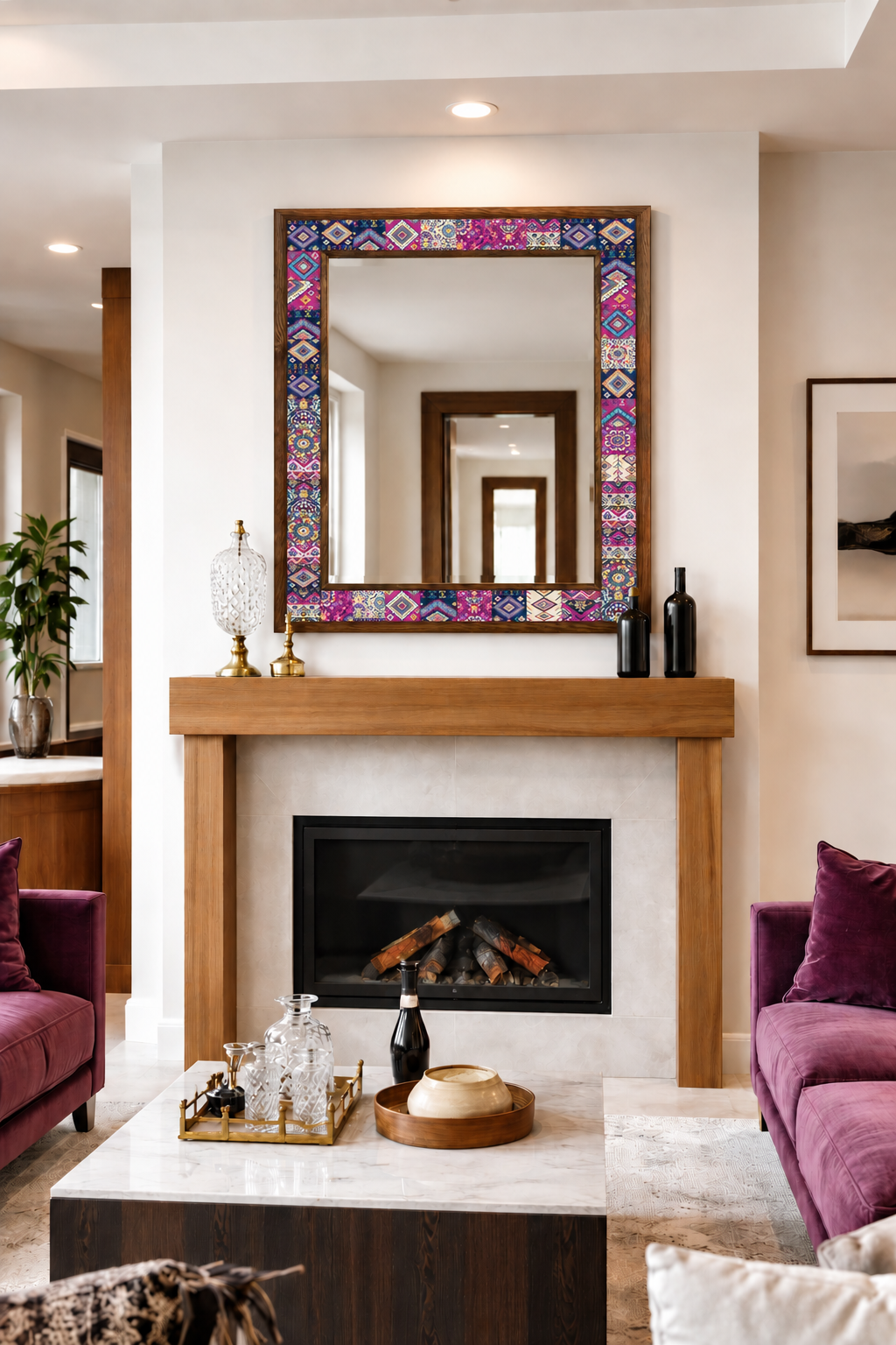 Santa Fe Mosaic Mirror styled above a fireplace — handmade Turkish mosaic wall mirror