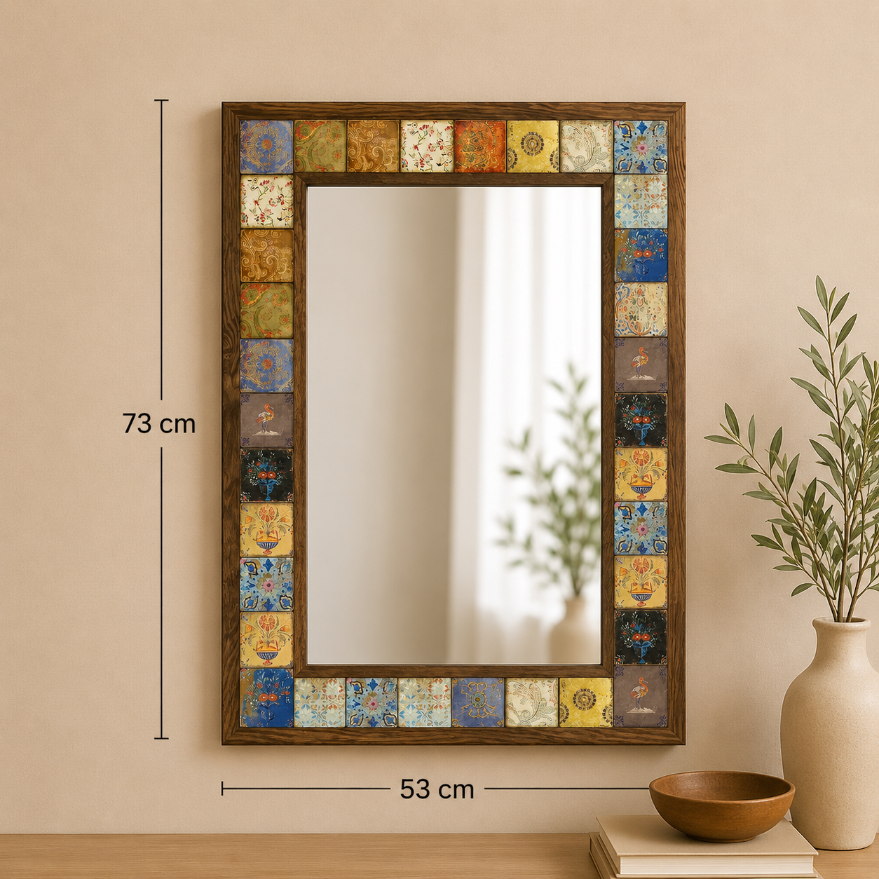 Handmade Pine Wood with Mosaic Tiles Mirror (53cm x 73cm)