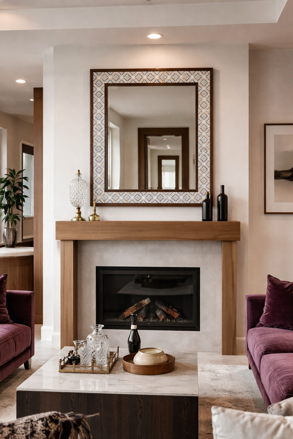 Living room with a fireplace, mirror, and decorative items.