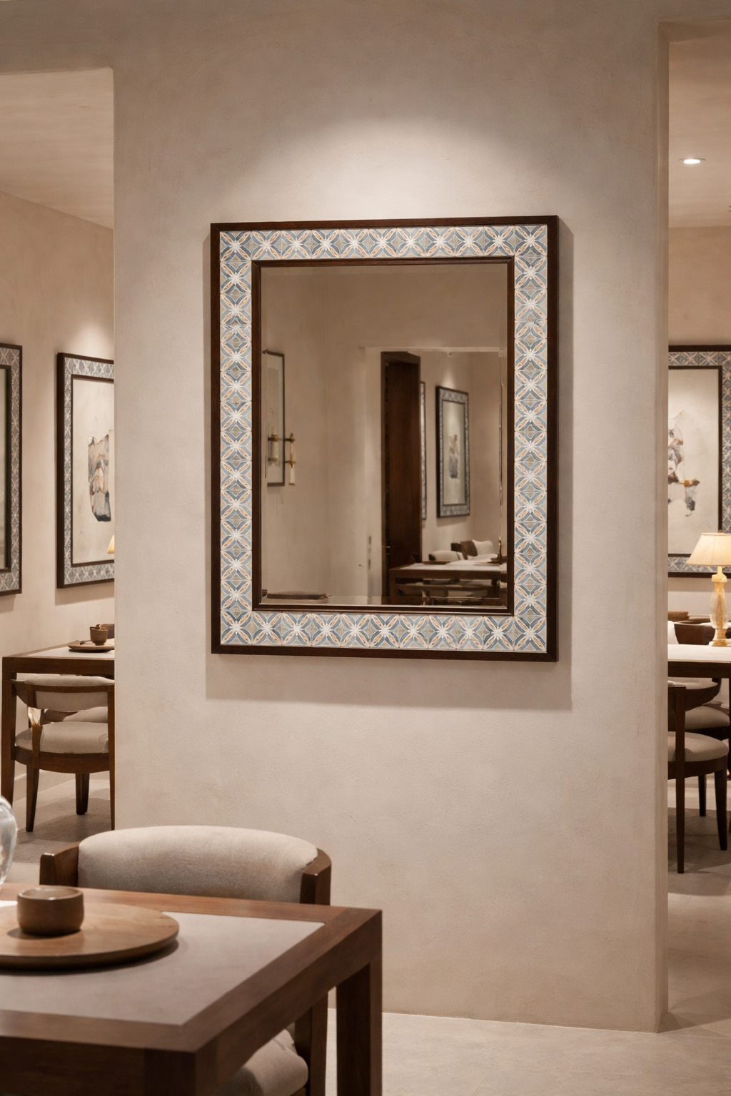 Living room with a fireplace, mirror, and decorative items.