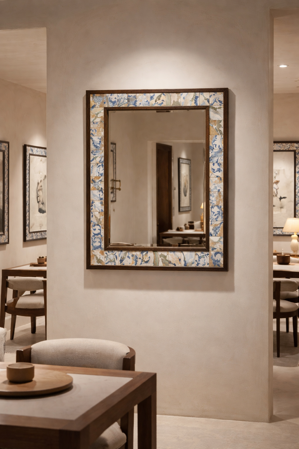 Decorative mirror with floral frame on a wall in a room with furniture.