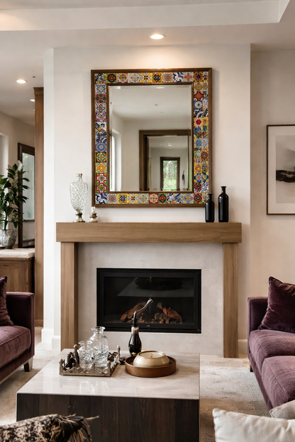 Living room with a fireplace, mirror, and decorative items.
