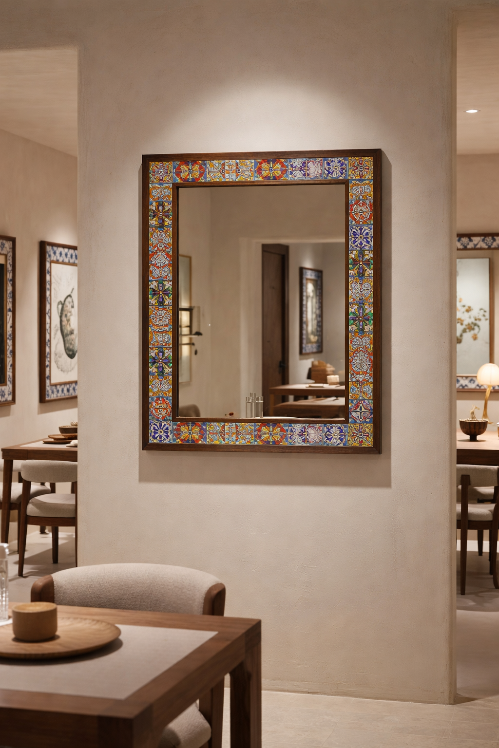 Decorative mirror with a colorful frame in a room setting