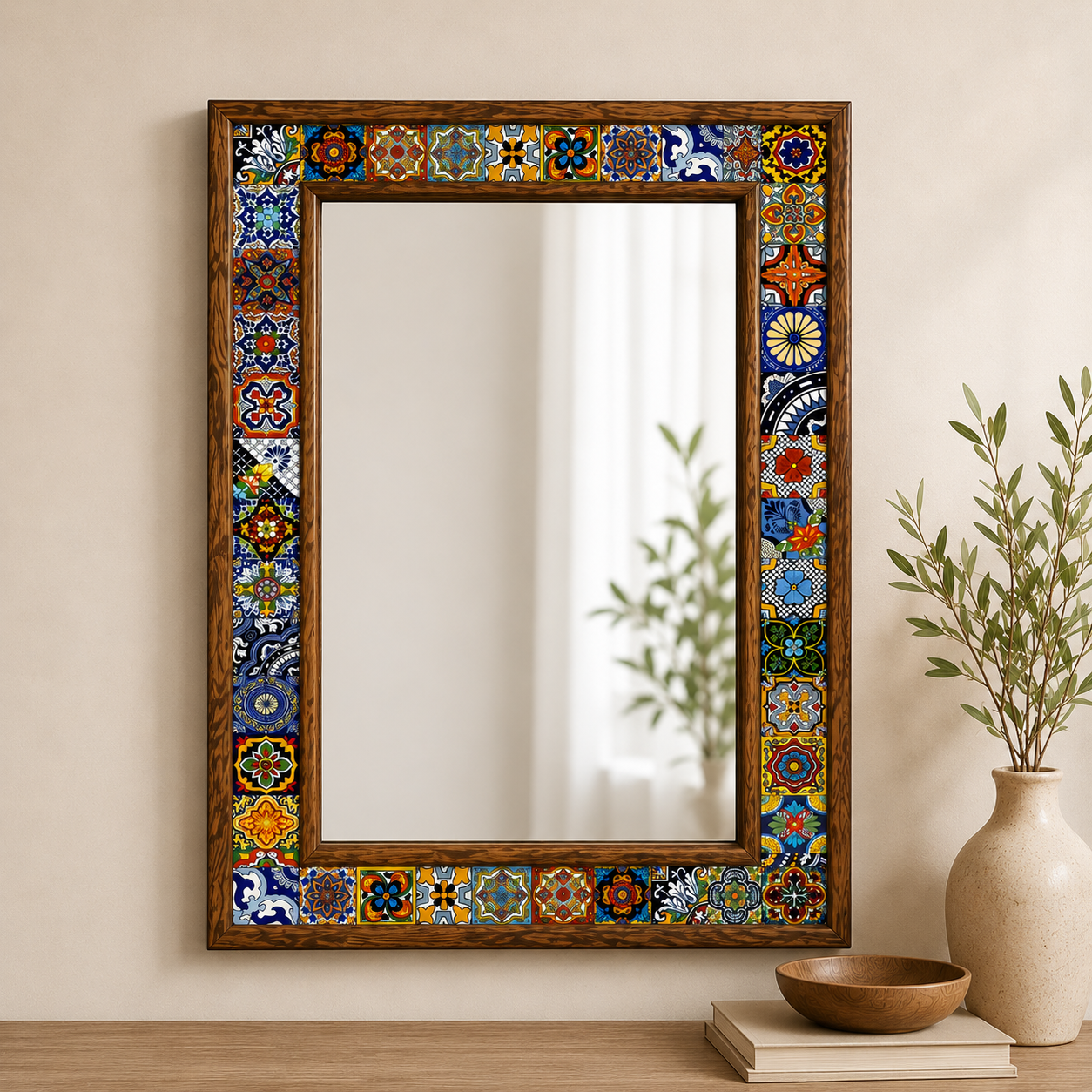 Handmade Pine Wood with Mosaic Tiles Mirror (53cm x 73cm)
