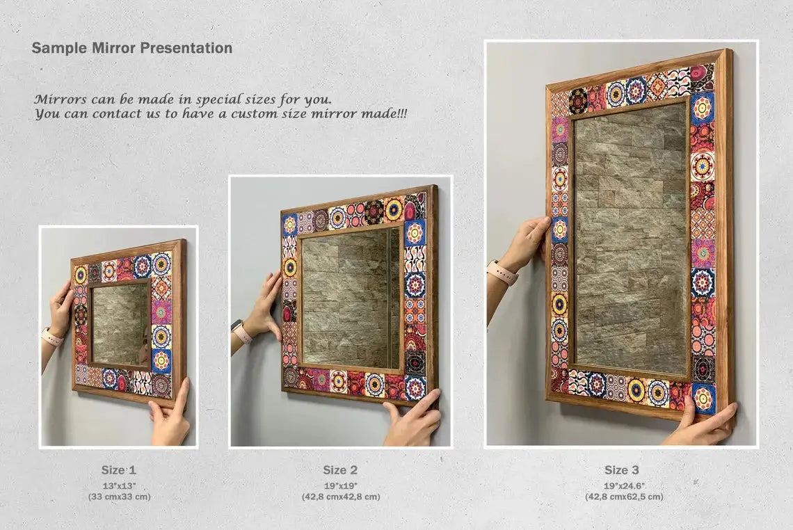 Handmade Decorative Wall Hanging Ceramic Tile Mirror, Natural Stone