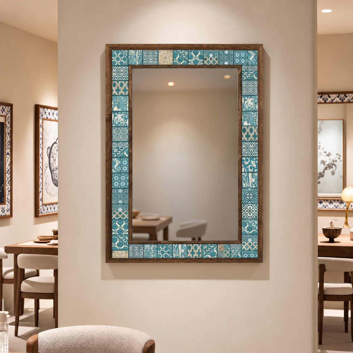 Aegean Mosaic Mirror styled in a dining room — handmade Turkish mosaic wall mirror