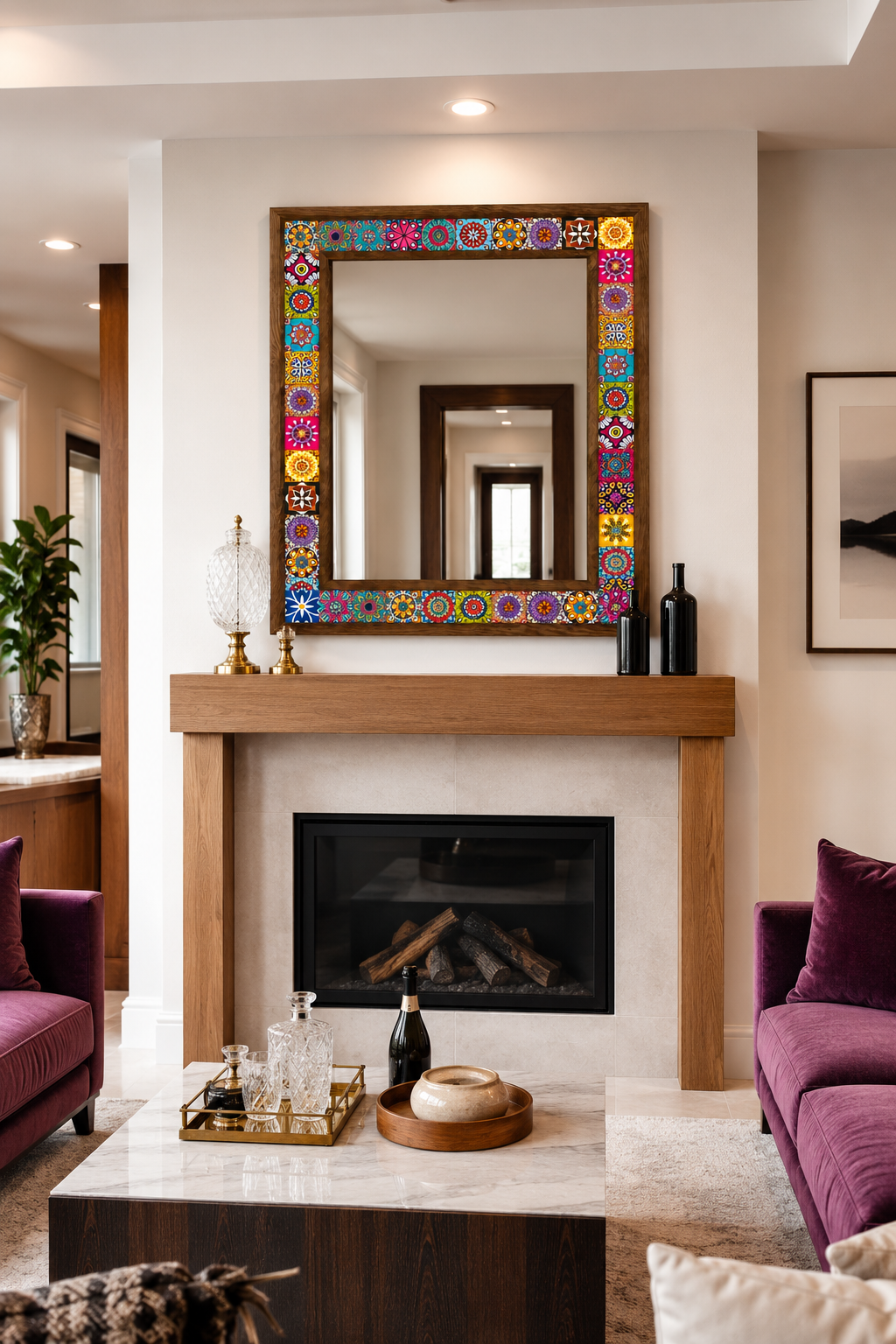 Alegría Mosaic Mirror styled above a fireplace — handmade Turkish mosaic wall mirror