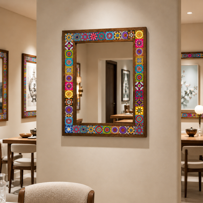 Alegría Mosaic Mirror styled in a dining room — handmade Turkish mosaic wall mirror