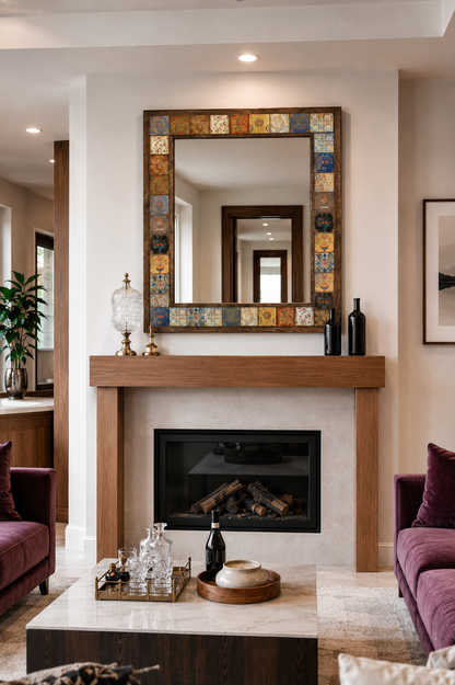 Alexandria Mosaic Mirror styled above a fireplace — handmade Turkish mosaic wall mirror