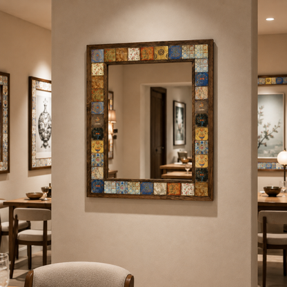 Alexandria Mosaic Mirror styled in a dining room — handmade Turkish mosaic wall mirror