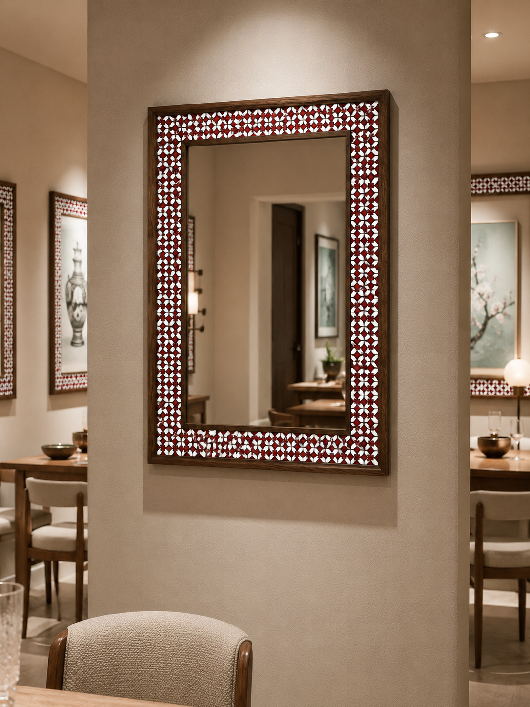 Alhambra Mosaic Mirror styled above a fireplace — handmade Turkish mosaic wall mirror