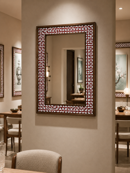 Alhambra Mosaic Mirror styled above a fireplace — handmade Turkish mosaic wall mirror