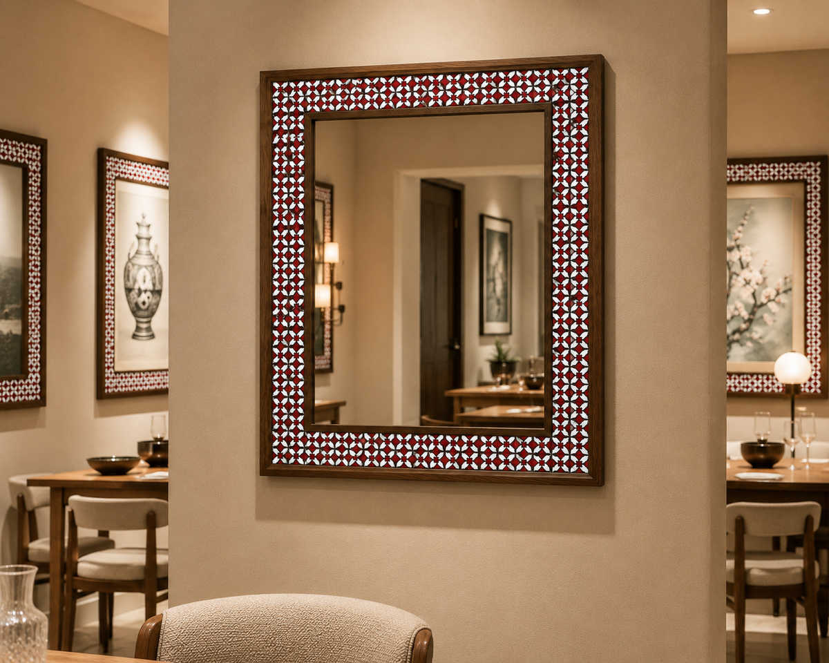 Alhambra Mosaic Mirror styled in a dining room — handmade Turkish mosaic wall mirror
