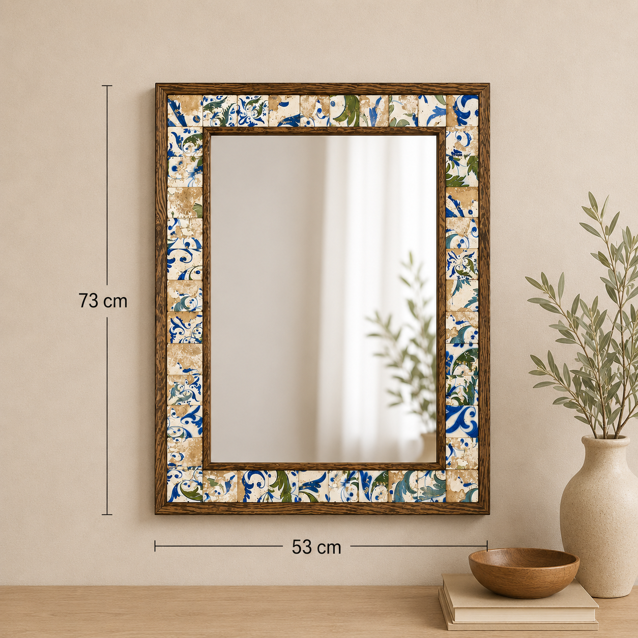 Handmade Pine Wood with Mosaic Tiles Mirror (53cm x 73cm)