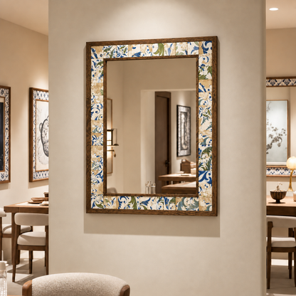 Amalfi Mosaic Mirror styled in a dining room — handmade Turkish mosaic wall mirror