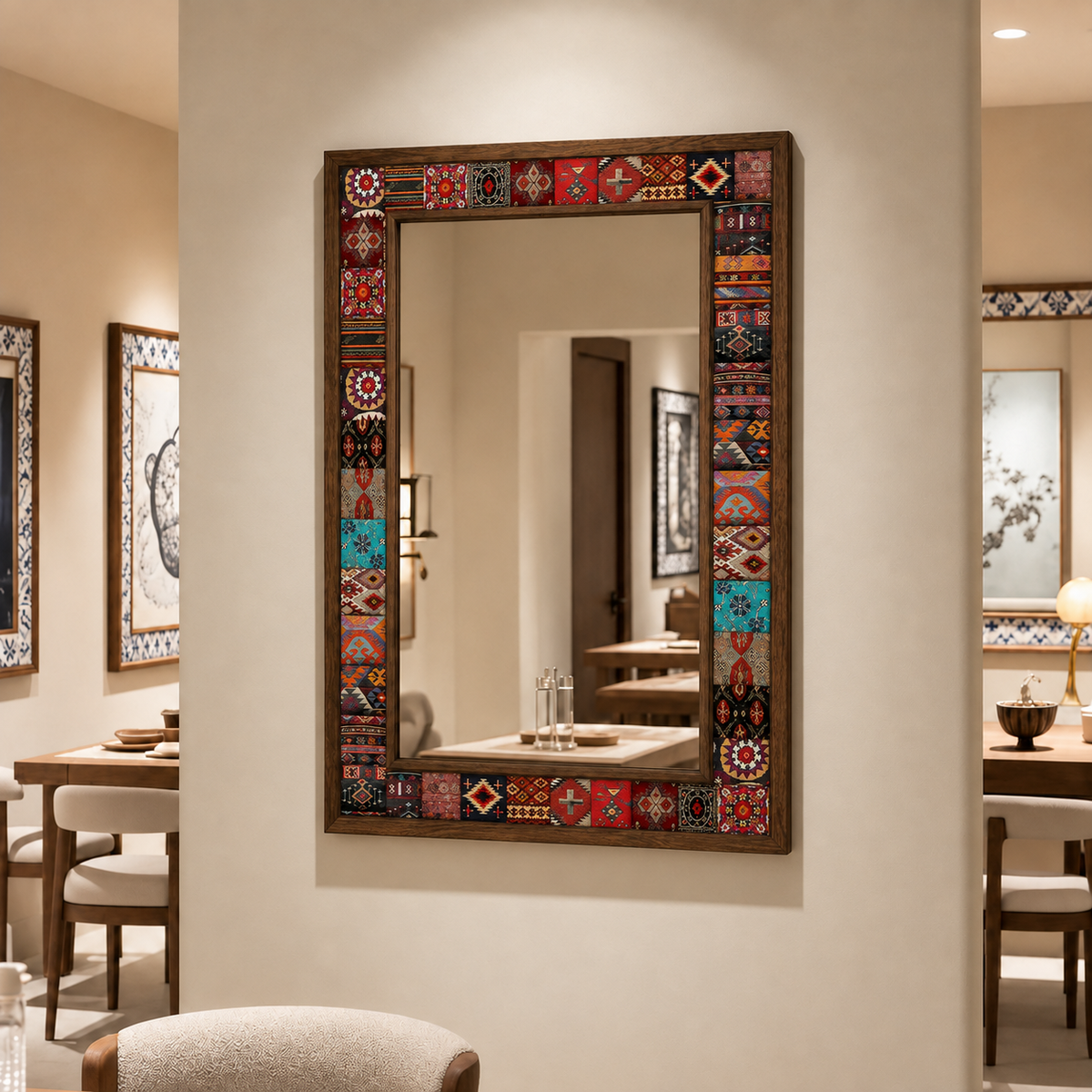 Anatolia Mosaic Mirror styled in a dining room — handmade Turkish mosaic wall mirror