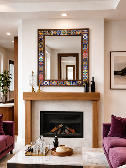Arizona Mosaic Mirror styled above a fireplace — handmade Turkish mosaic wall mirror