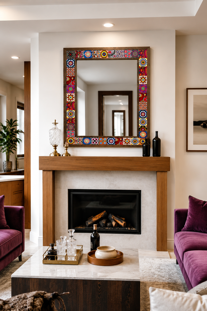 Austin Mosaic Mirror styled above a fireplace — handmade Turkish mosaic wall mirror
