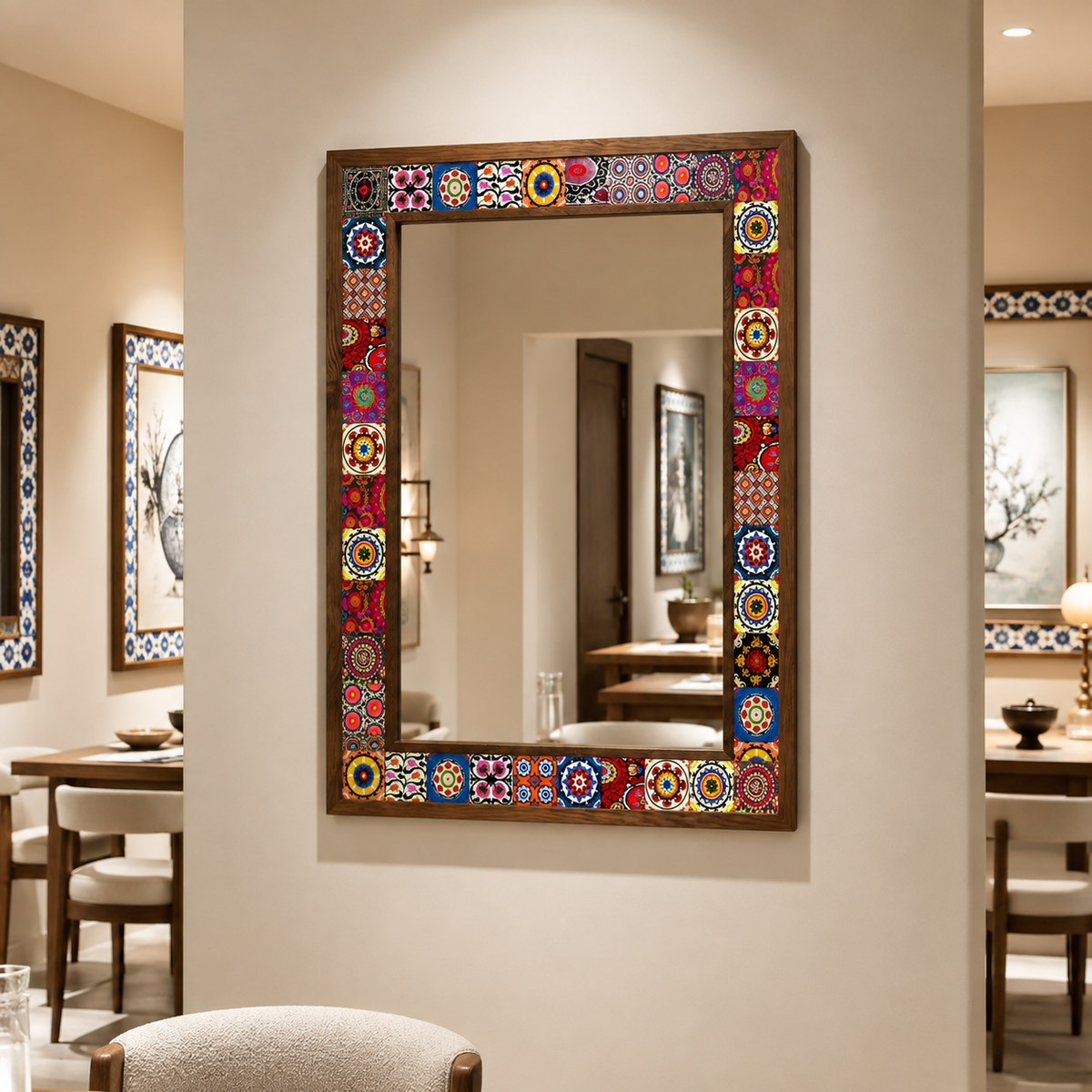Austin Mosaic Mirror styled in a dining room — handmade Turkish mosaic wall mirror