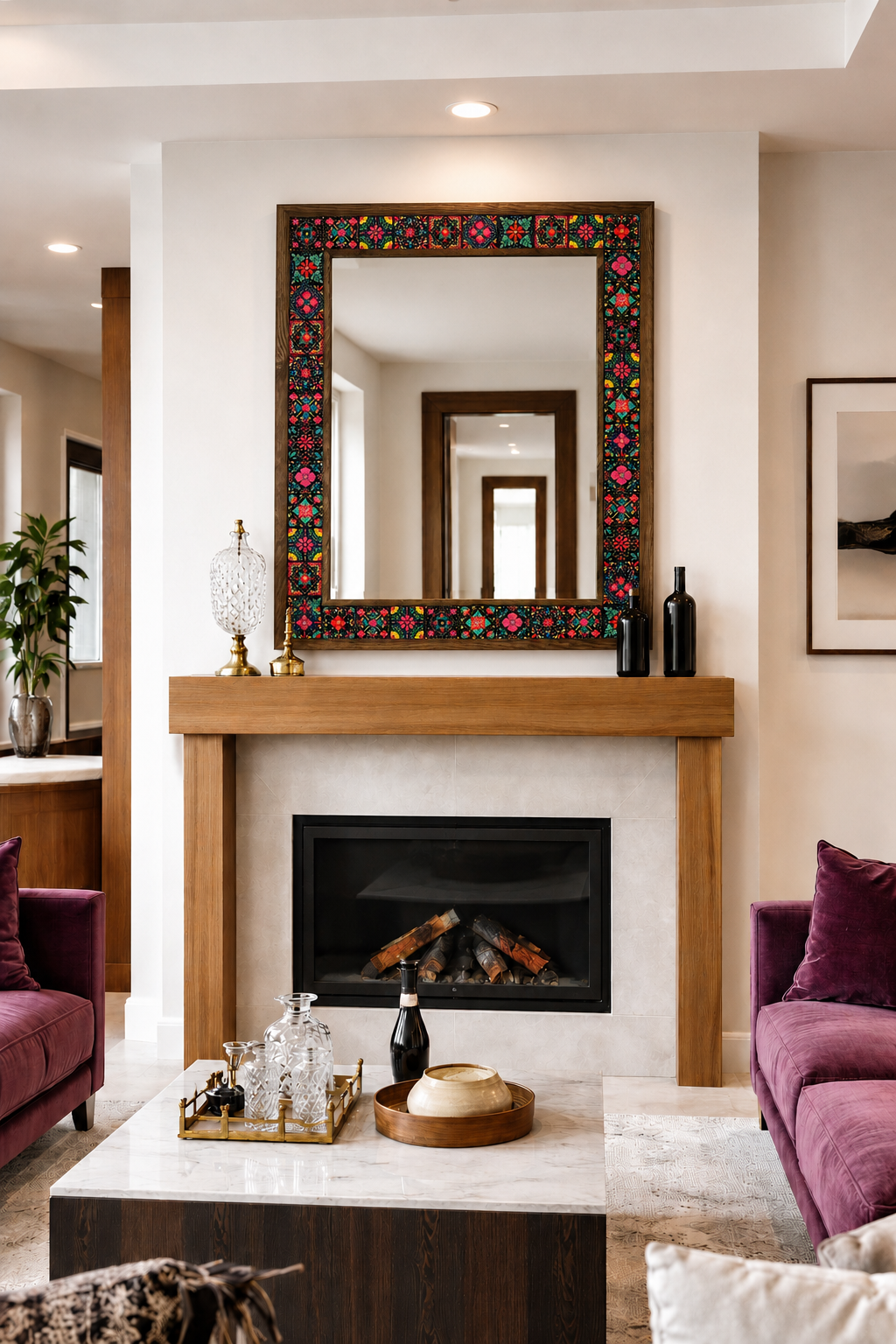 Barcelona Mosaic Mirror styled above a fireplace — handmade Turkish mosaic wall mirror