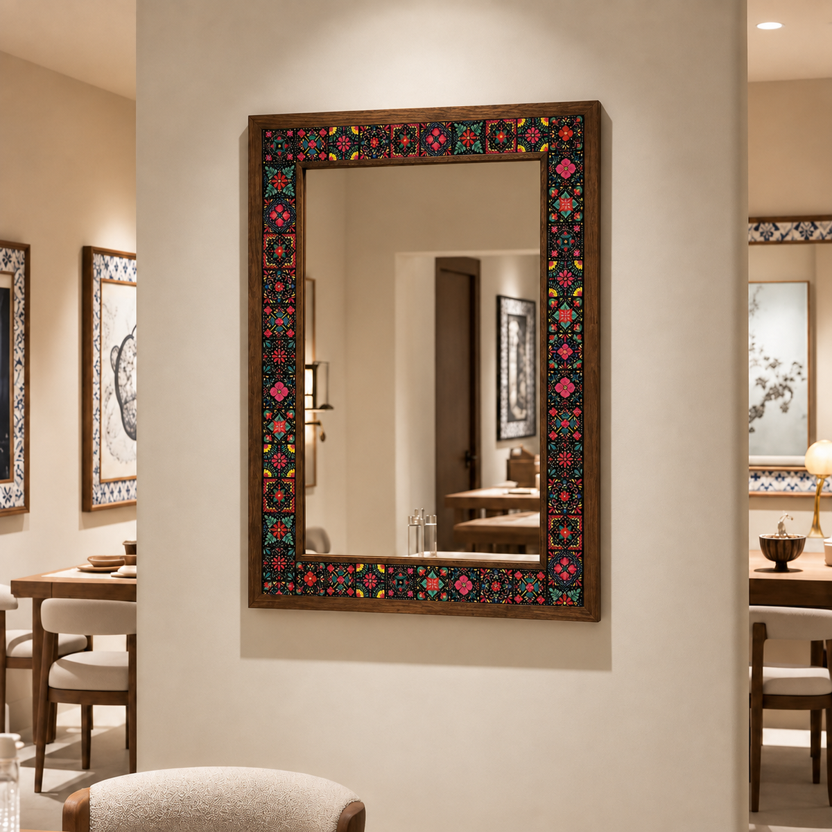 Barcelona Mosaic Mirror styled in a dining room — handmade Turkish mosaic wall mirror