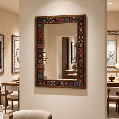 Barcelona Mosaic Mirror styled in a dining room — handmade Turkish mosaic wall mirror