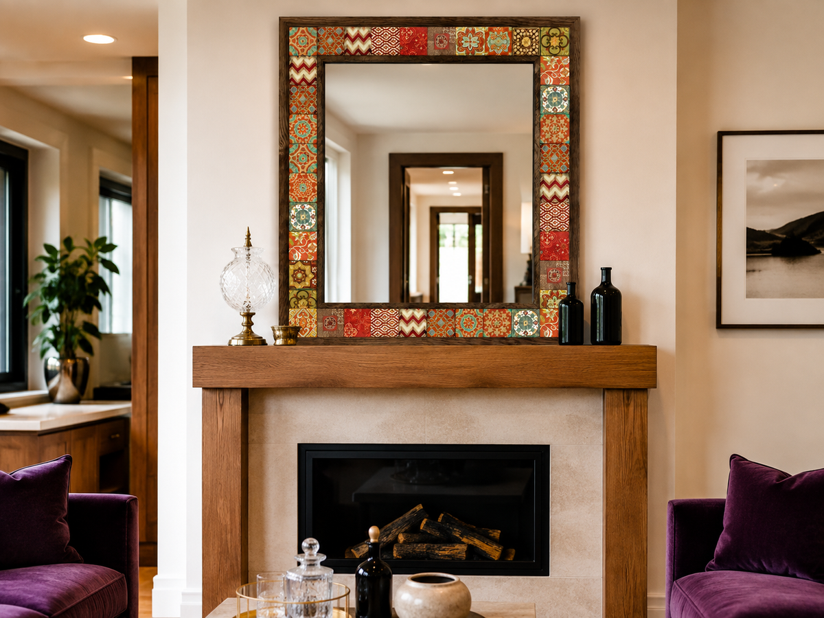 Cairo Mosaic Mirror styled in a dining room — handmade Turkish mosaic wall mirror