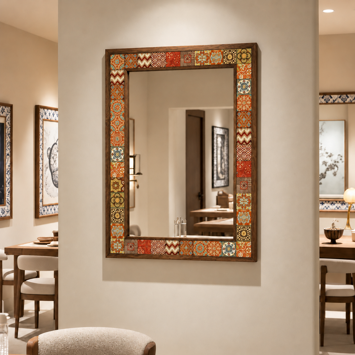 Cairo Mosaic Mirror styled in a dining room — handmade Turkish mosaic wall mirror