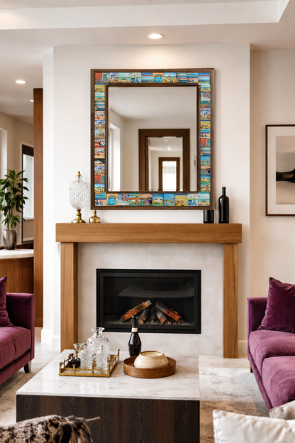 California Mosaic Mirror styled above a fireplace — handmade Turkish mosaic wall mirror