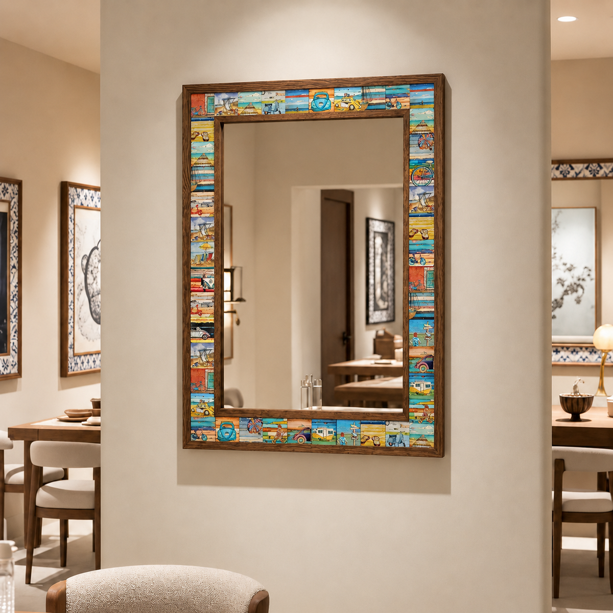 California Mosaic Mirror styled in a dining room — handmade Turkish mosaic wall mirror