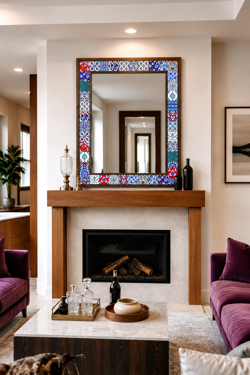 Cancun Mosaic Mirror styled above a fireplace — handmade Turkish mosaic wall mirror