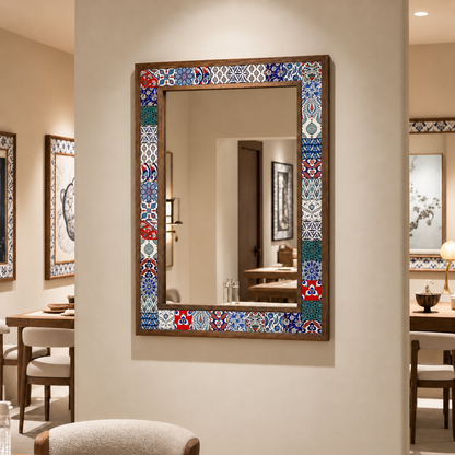 Cancun Mosaic Mirror styled in a dining room — handmade Turkish mosaic wall mirror