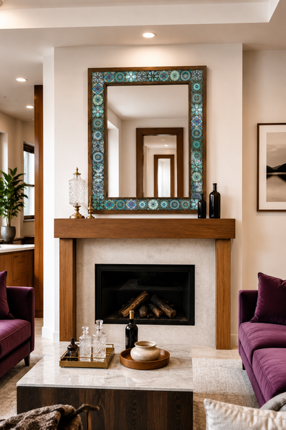 Capri Mosaic Mirror styled above a fireplace — handmade Turkish mosaic wall mirror