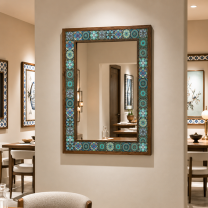 Capri Mosaic Mirror styled in a dining room — handmade Turkish mosaic wall mirror