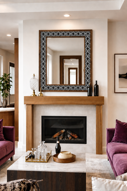 Casablanca Mosaic Mirror styled above a fireplace — handmade Turkish mosaic wall mirror